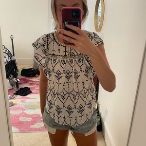 J Crew Black White and Gold Eyelet Embroidered Top